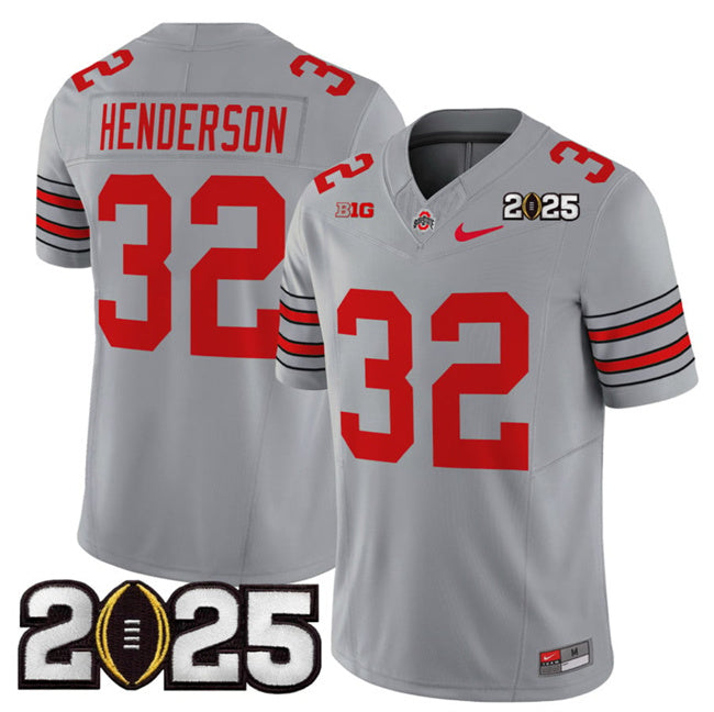 Men's Ohio State Buckeyes #32 TreVeyon Henderson Grey 2025 CFP Final Patch