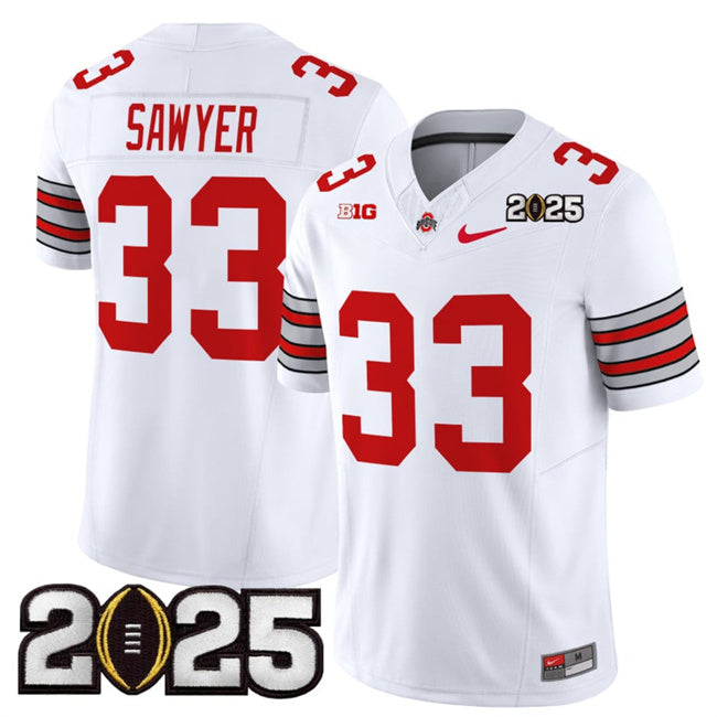 Men's Ohio State Buckeyes #33 Jack Sawyer White 2025 CFP Final Patch Jersey