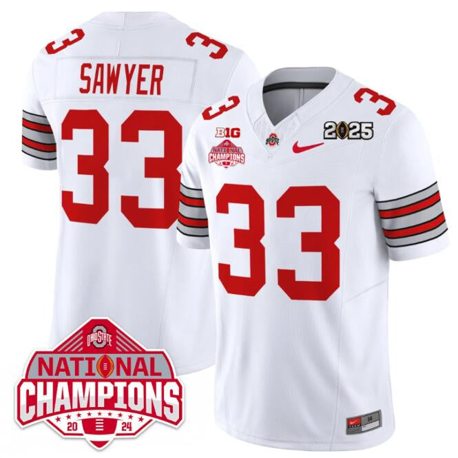 Men's Ohio State Buckeyes #33 Jack Sawyer White 2025 CFP Final With
