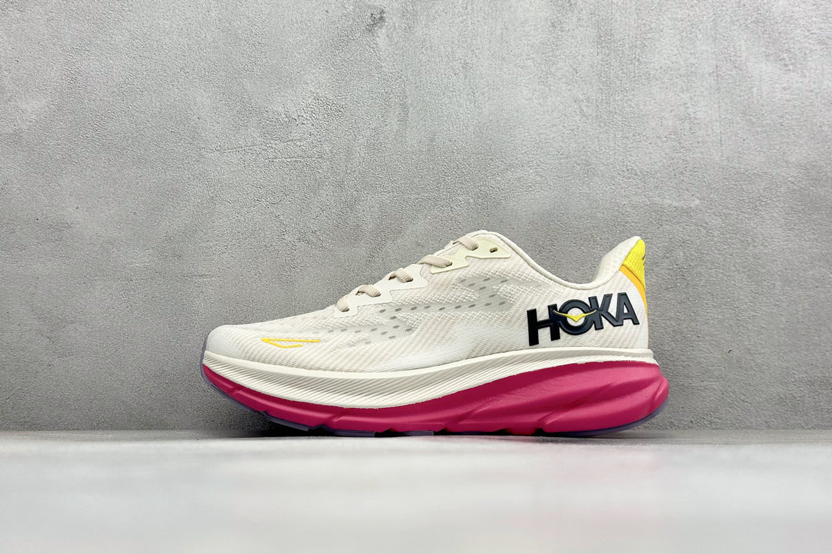 HOKA Clifton 9 Cream/Fuchsia Daily Running Trainers