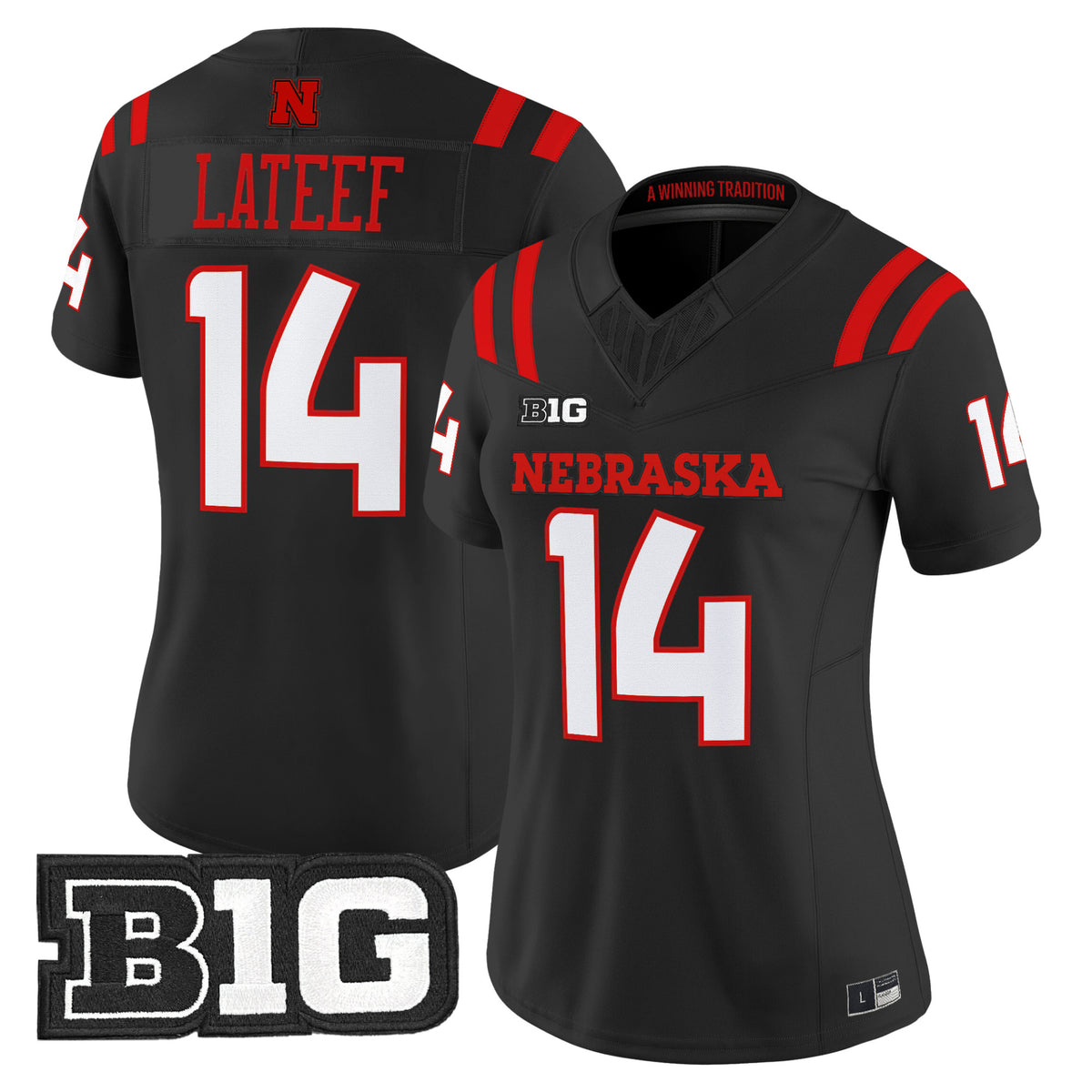 Women's #14 Lateef Nebraska Cornhuskers 2026 Alternate All-Black Stitched Football Jersey