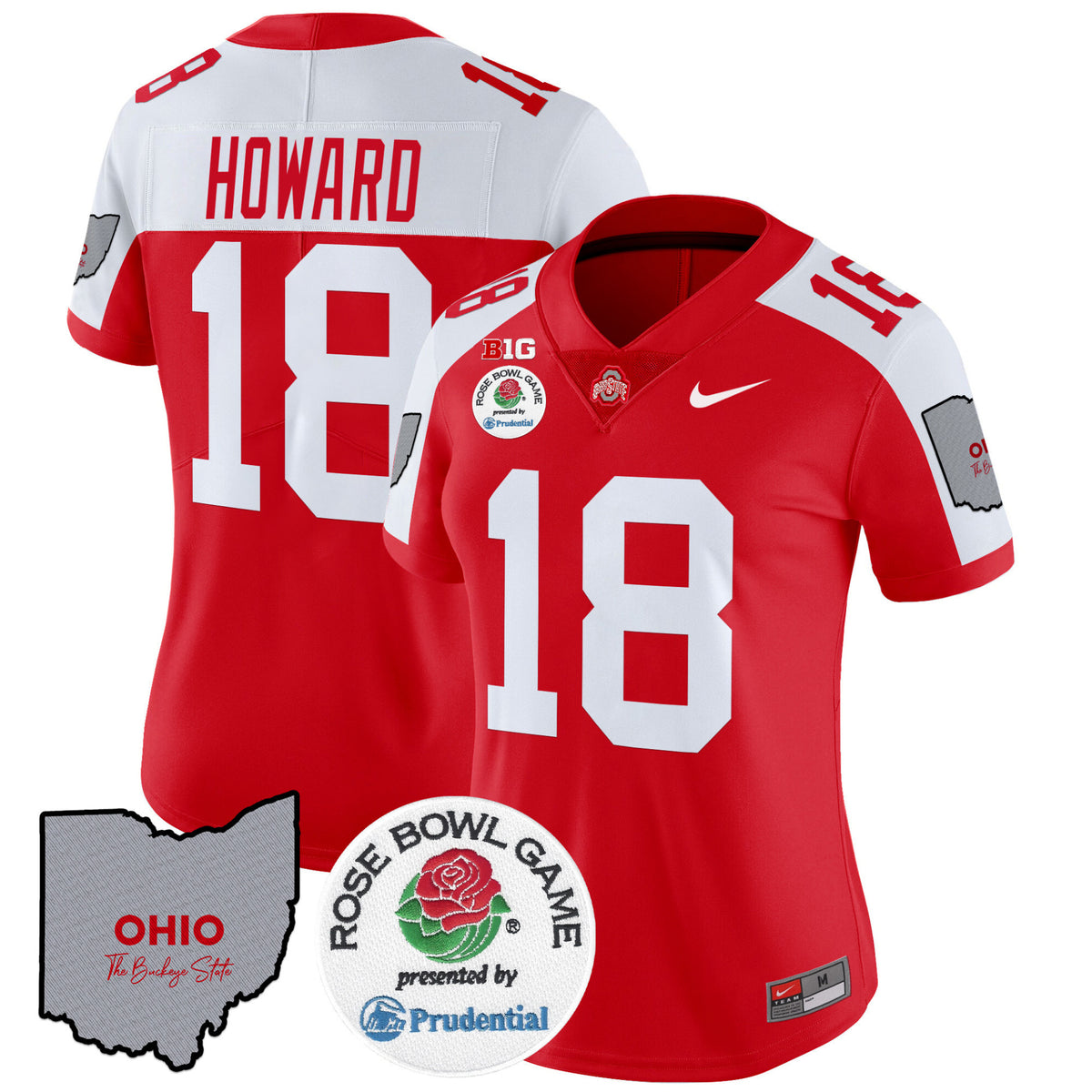 Women's #18 Howard Ohio State Buckeyes Red Alternate Rose Bowl B1G Ohio Map Patch Stitched Football Jersey
