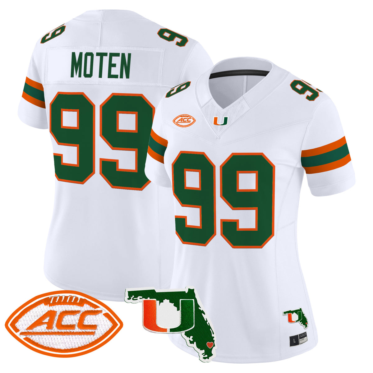 Women's #99 Moten Miami Hurricanes White ACC Florida Map Patch Stitched Football Jersey