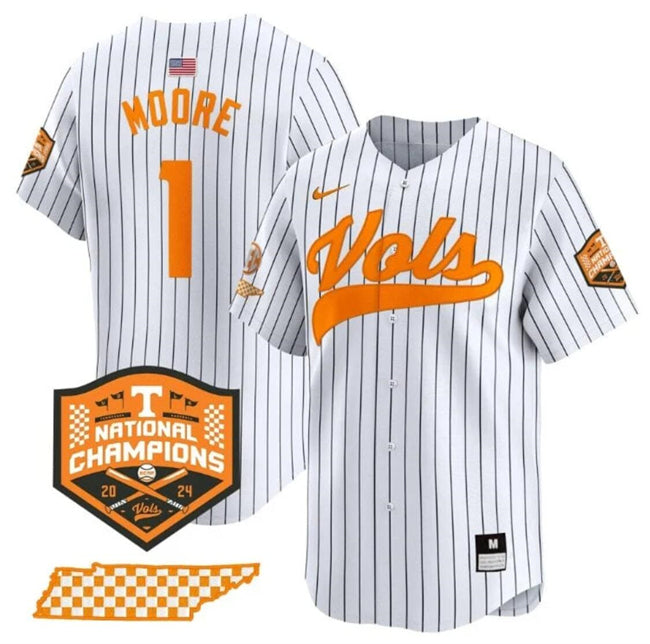 Men's Tennessee Volunteers #1 Christian Moore White Pinstripe 2024 Champions