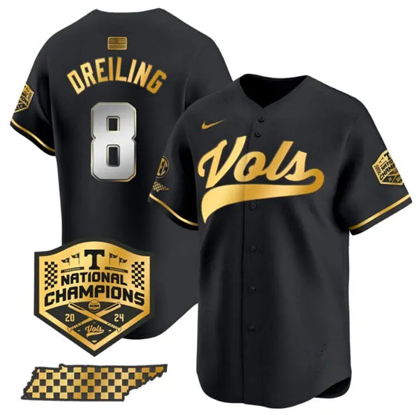 Men's Tennessee Volunteers #8 Dylan Dreiling Black Gold 2024 Champions Vapor