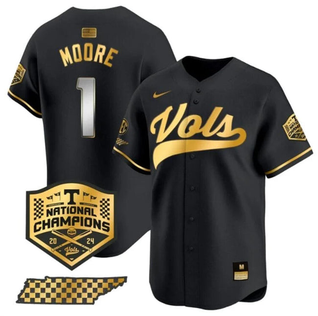 Men's Tennessee Volunteers #1 Christian Moore Black Gold 2024 Champions Vapor