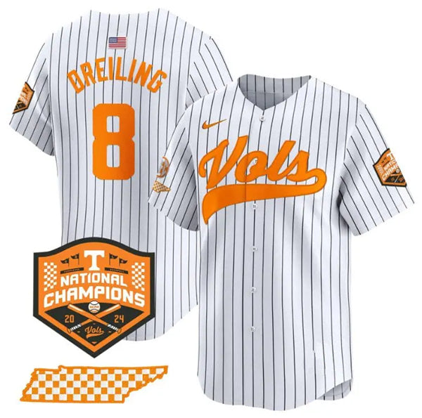 Men's Tennessee Volunteers #8 Dylan Dreiling Pinstripe 2024 Champions Vapor