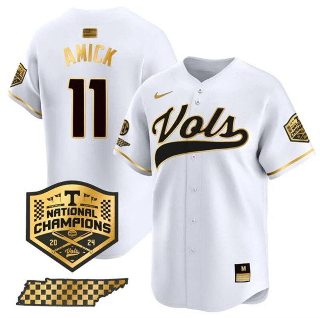 Men's Tennessee Volunteers #11 Billy Amick White Gold 2024 Champions Vapor