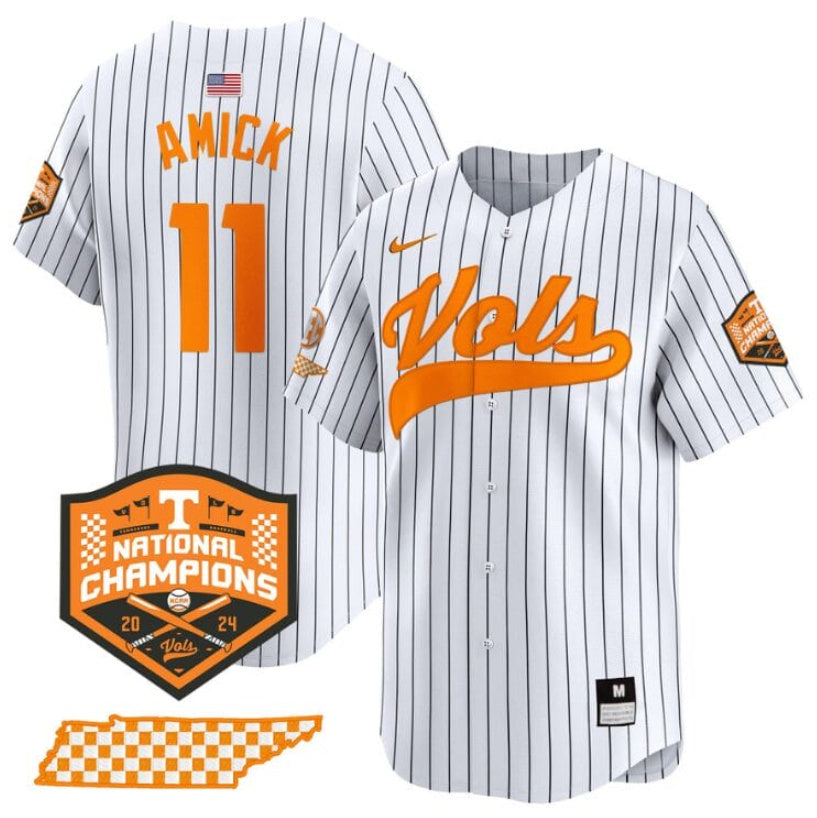 Men's Tennessee Volunteers #11 Billy Amick White Pinstripe 2024 Champions