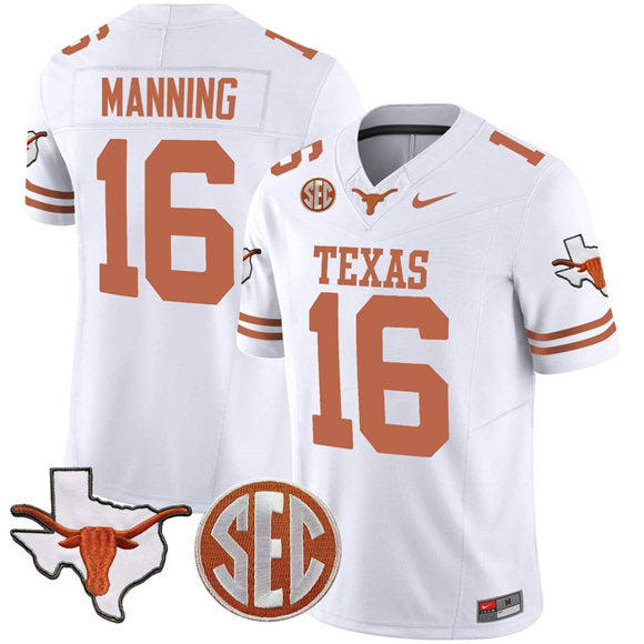Men's Texas Longhorns #16 Arch Manning White F.U.S.E. Map & SEC Patch Vapor