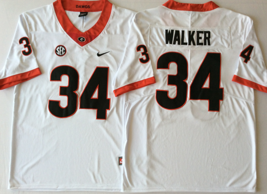 Georgia Bulldogs White #34 WALKER Jersey
