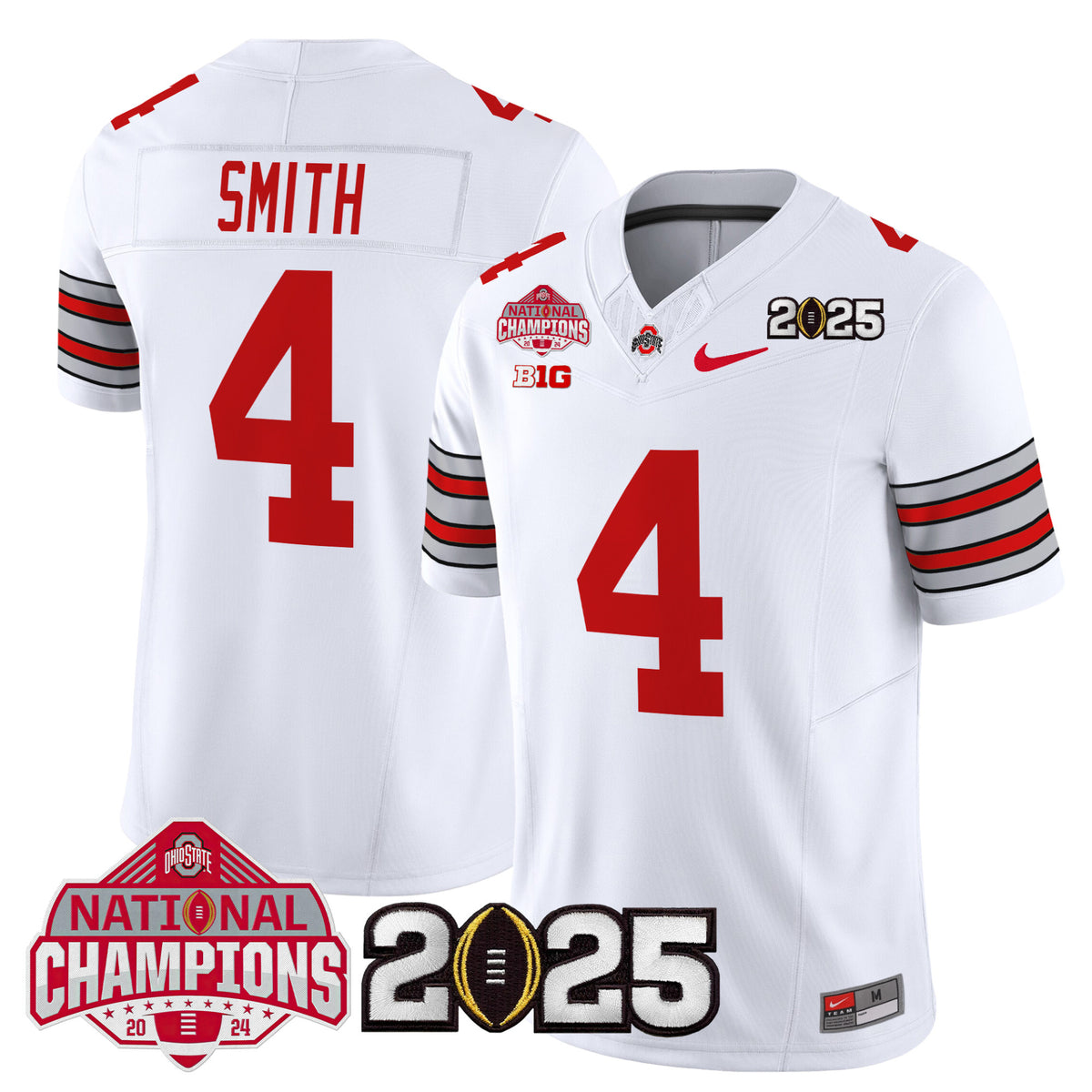 #4 Smith Ohio State Buckeyes White Heritage Stripe 2025 National Champions B1G Patch Stitched Football Jersey