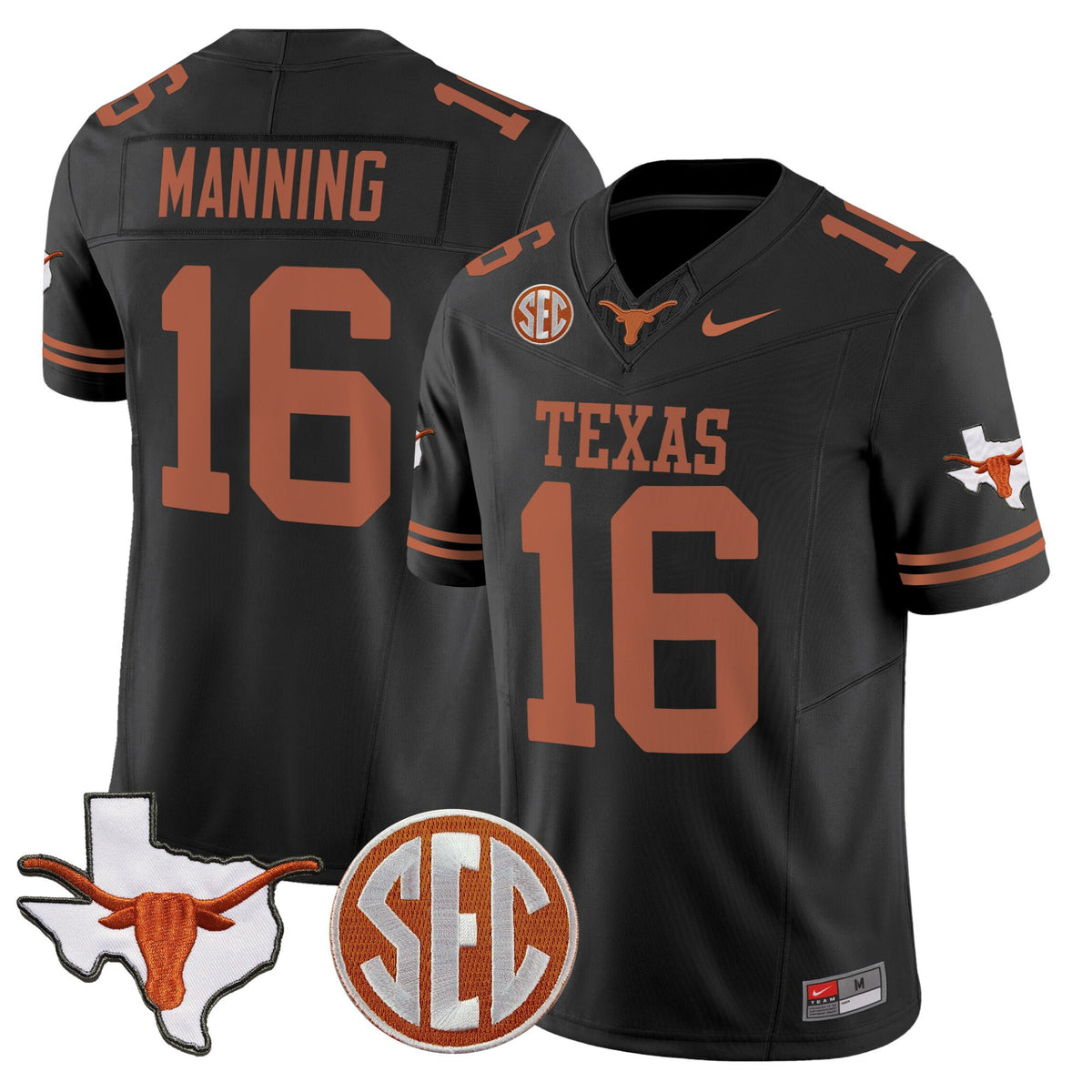 #16 Arch Manning Texas Longhorns 2025 State Map SEC Patch Black  Jersey