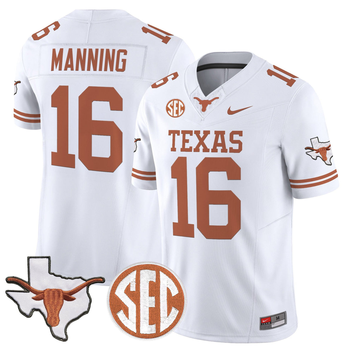 #16  Arch Manning Texas Longhorns Football 2025 State Map SEC Patch  Jersey