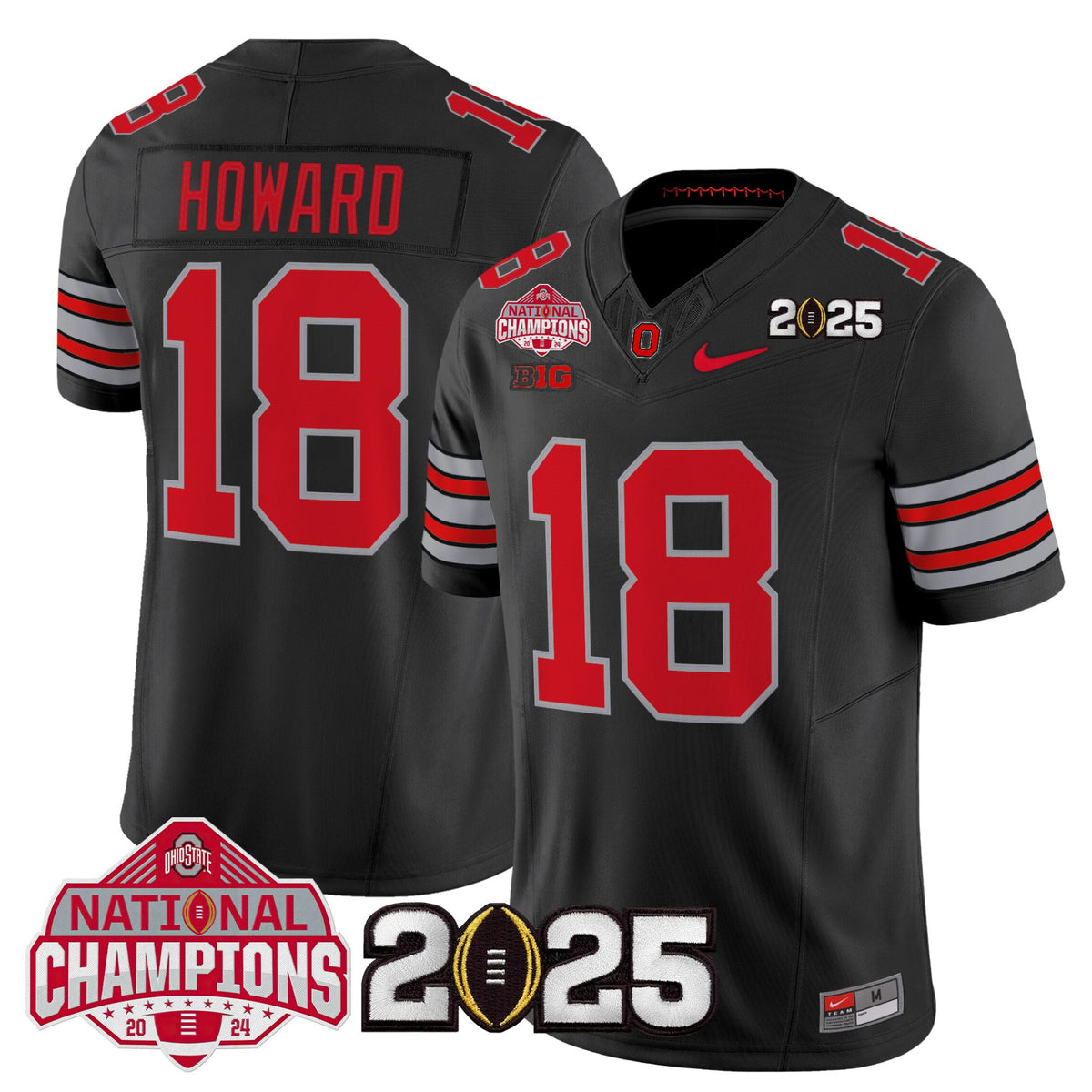 #18 Howard Ohio State Buckeyes Men's 2025 Tunnel Vision Black Alternate Stitched Football National Champions Patch  Jersey