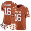 #16 Arch Manning Texas Longhorns 2025 State Map SEC Patch Texas Orange Jersey