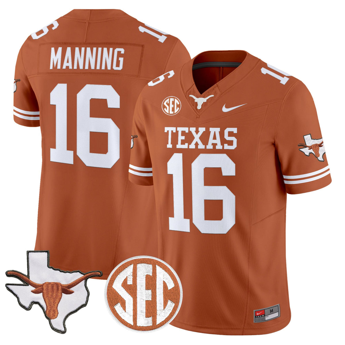 #16 Arch Manning Texas Longhorns 2025 State Map SEC Patch Texas Orange Jersey