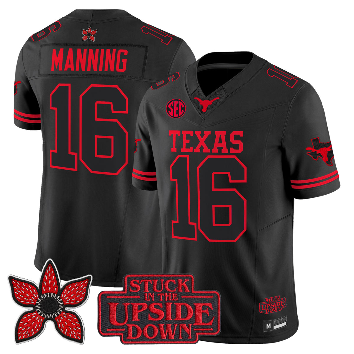 #16 Texas Longhorns Manning Stranger Things Edition Black Stitched College Football Texas State Map Logo SEC Patch  Jersey