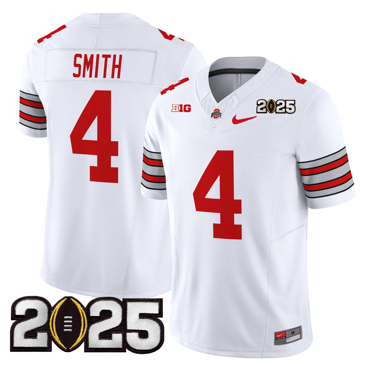 #4 Smith Ohio State Buckeyes Heritage Stripe White Away Stitched Jersey B1G + 2025 CFP Final Patch