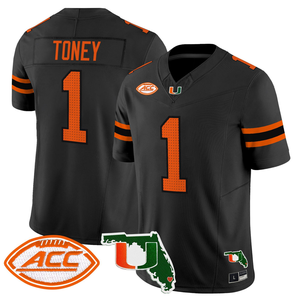 #1 Toney Miami Hurricanes Black Alternate Stitched Football Jersey Florida & ACC Patch