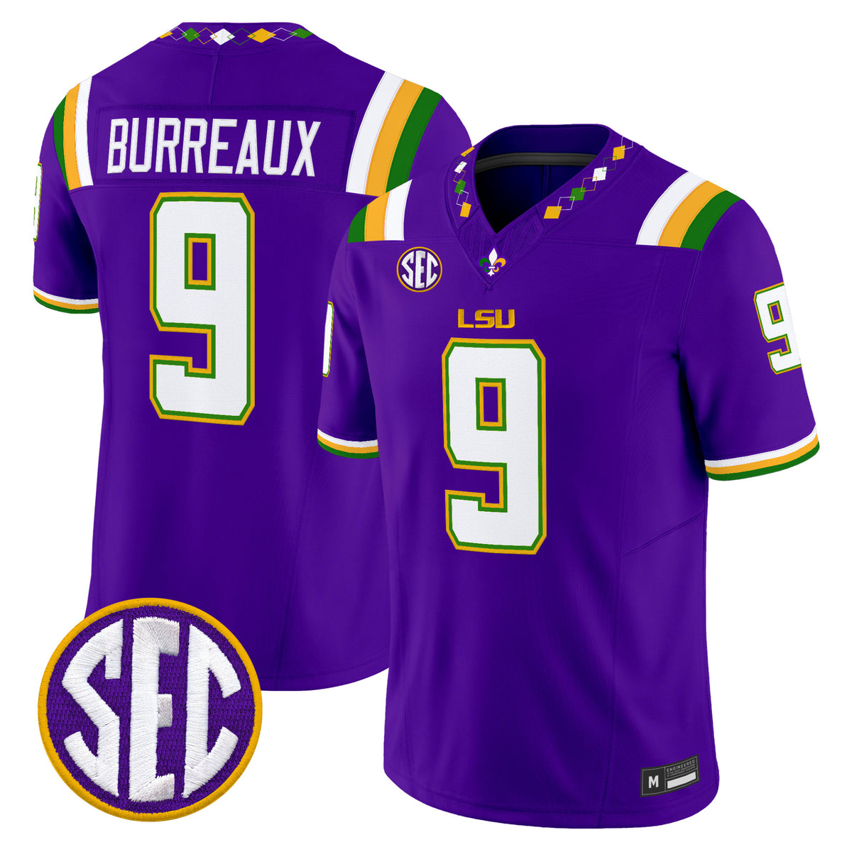 #9 Burreaux LSU Tigers Purple Mardi Gras Edition Stitched Jersey SEC Patch