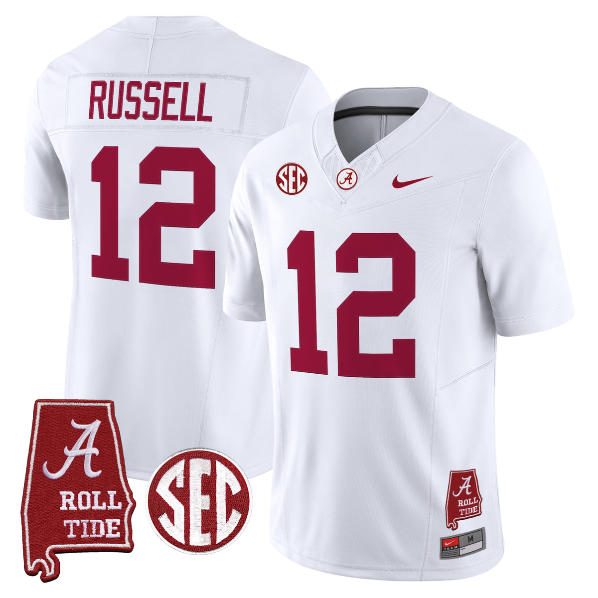 #12 Russell Alabama Crimson Tide White Away Stitched Jersey SEC Roll Tide 2026 Patch