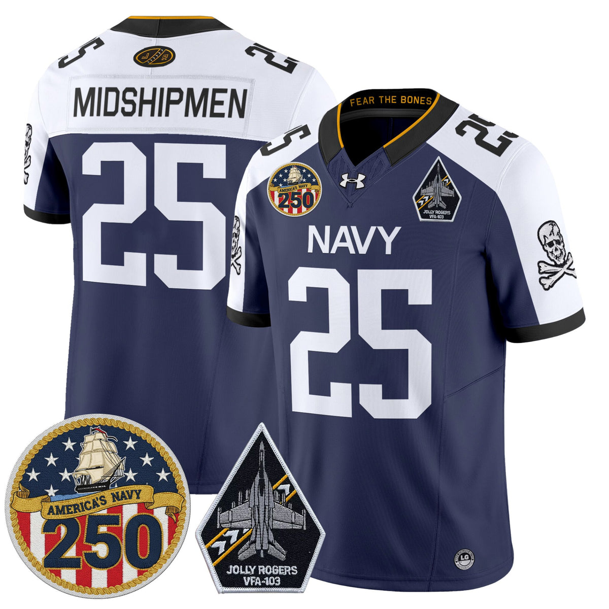 #25 Navy Midshipmen 250th Anniversary Jolly Rogers Stitched Jersey Dual Patches