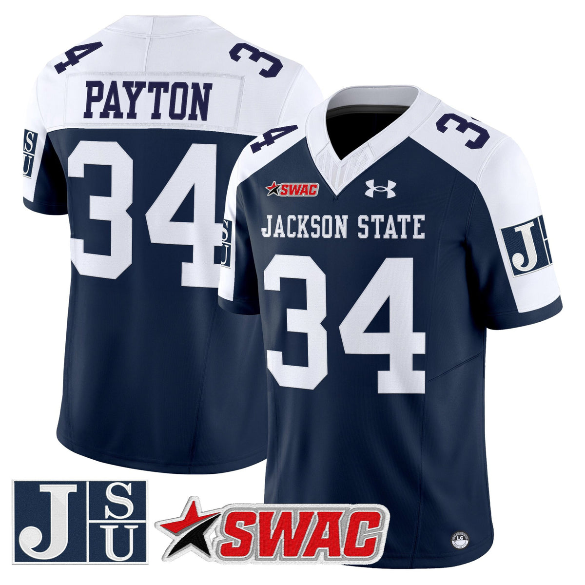 #34 Payton 2026 Jackson State Tigers Navy White Split Stitched College Football Jersey SWAC Patch