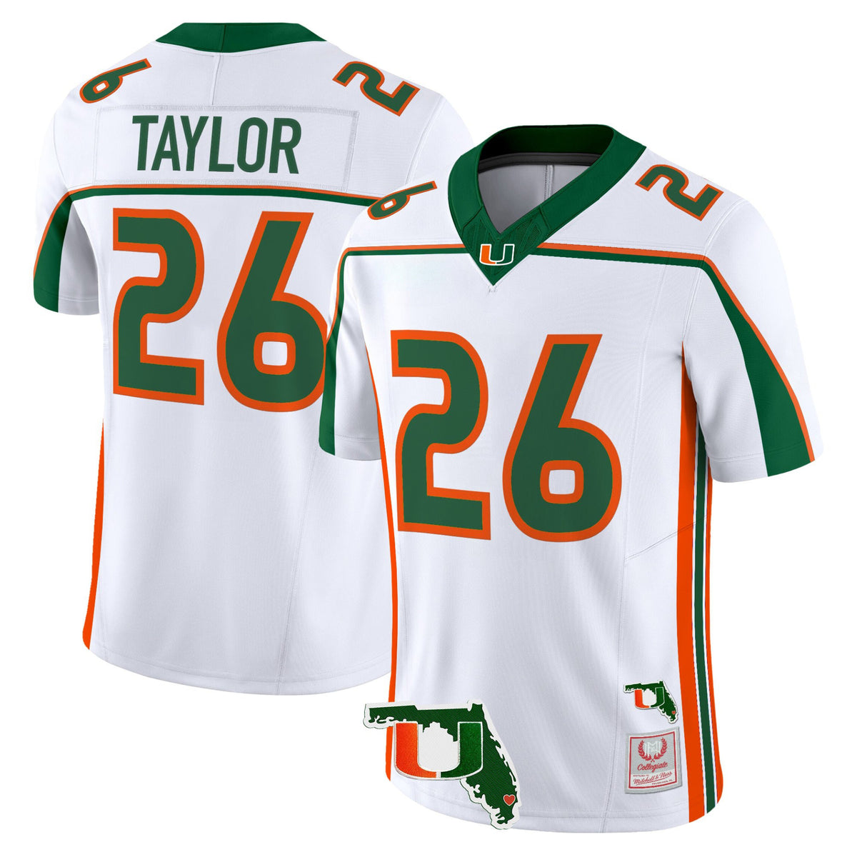 #26 Taylor Miami Hurricanes White Away Stitched Jersey Florida Map Patch