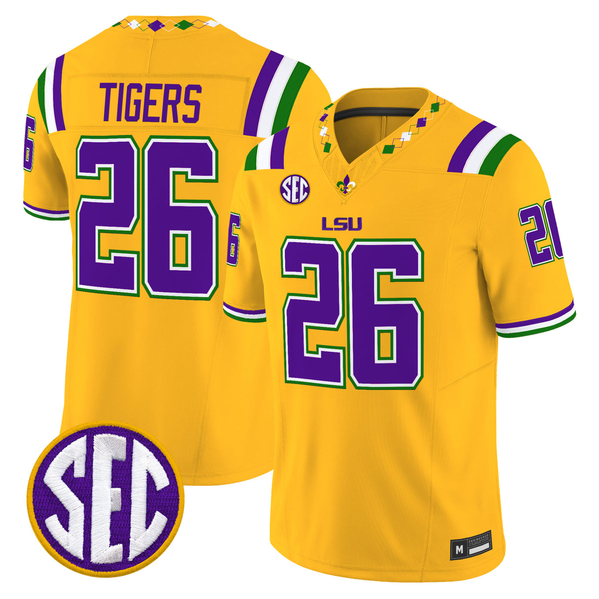 #26 Tigers LSU Tigers Gold Mardi Gras Edition Stitched Jersey SEC Patch