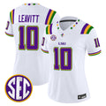 Women's #10 LSU Tigers Leavitt White Mardi Gras Edition Stitched College Football Jersey SEC Patch