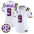 Women's LSU Tigers 2026 Mardi Gras Edition #9 Burreaux White Away Stitched College Football Jersey SEC Patch
