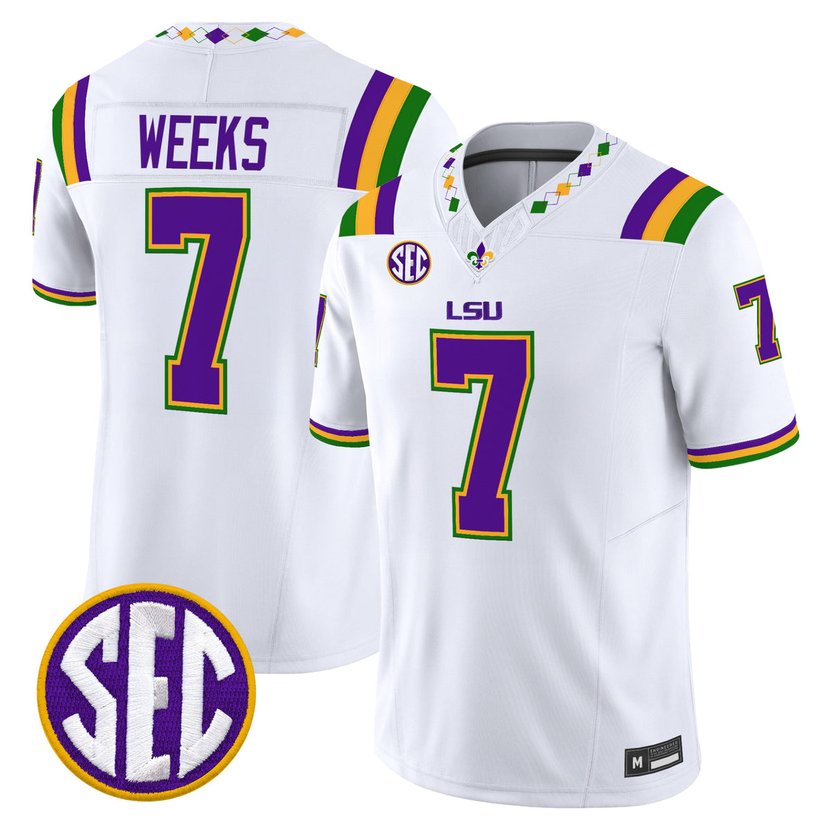 #7 Weeks LSU Tigers White Mardi Gras Theme Stitched College Football Jersey