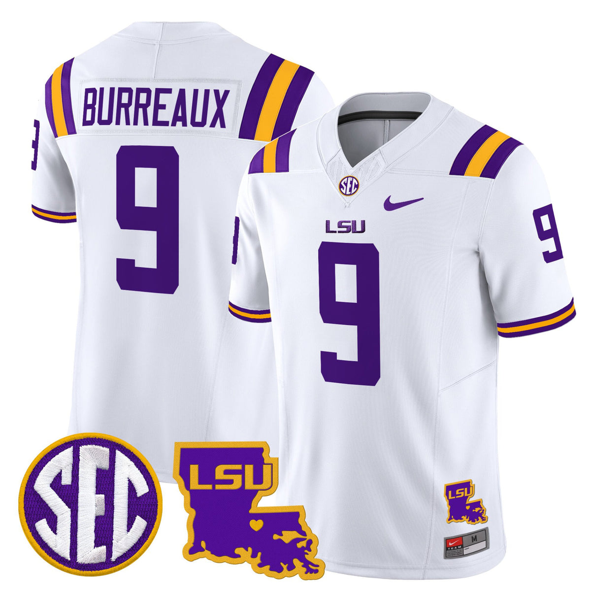 #9 Burreaux LSU Tigers White SEC Louisiana Map Patch Stitched Football Jersey