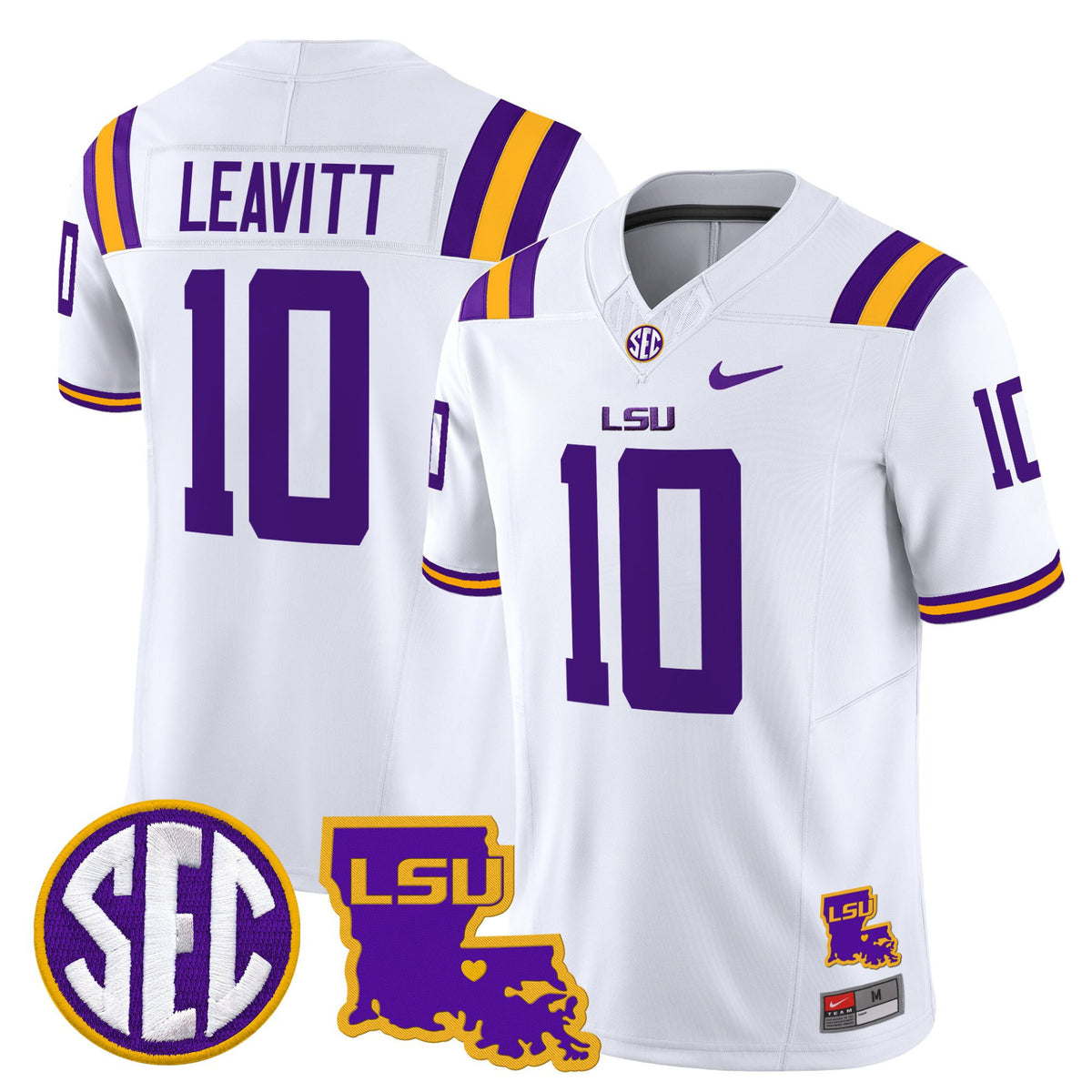 #10 Leavitt LSU Tigers White SEC Patch Stitched Football Jersey
