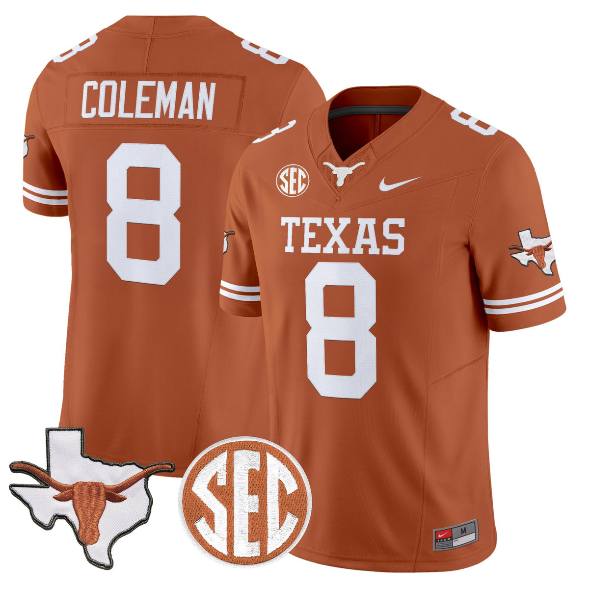 #8 Coleman Texas Longhorns Men's 2026 Texas Orange Stitched Football Jersey
