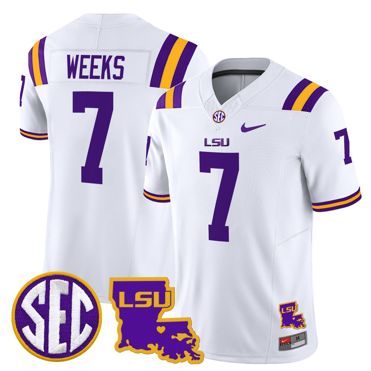 #7 Weeks LSU Tigers White SEC Patch Stitched Football Jersey