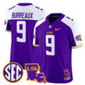 #9 Burreaux LSU Tigers Purple White SEC Louisiana Map Patch Stitched Football Jersey