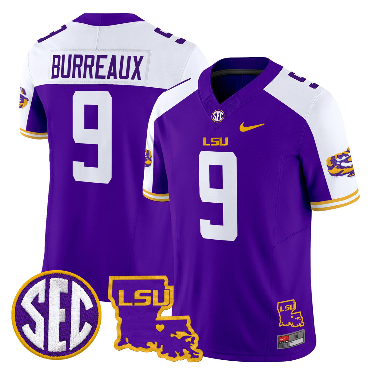 #9 Burreaux LSU Tigers Purple White SEC Louisiana Map Patch Stitched Football Jersey