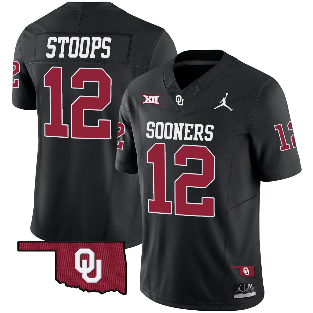 #12 Oklahoma Sooners Stoops Black Alternate Stitched College Football Big 12 Patch Oklahoma State Map Logo Jersey