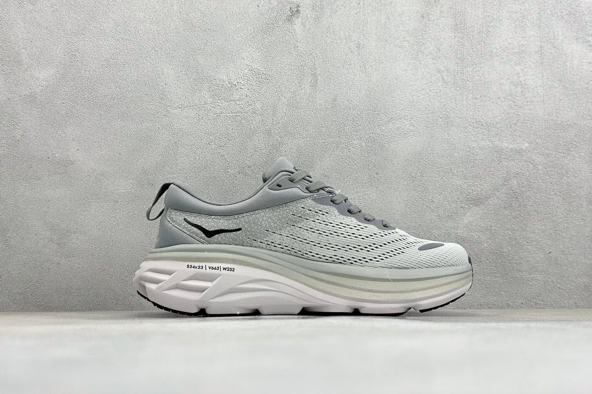 HOKA Bondi 8 White Grey Black Logo Running Sneaker