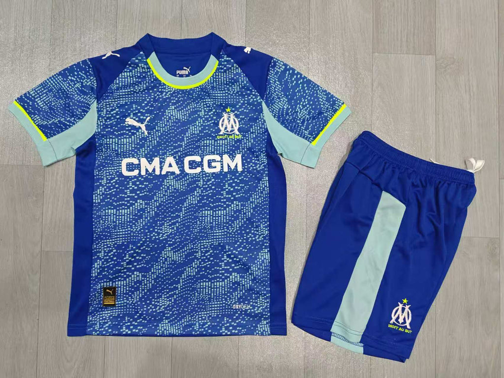 KIDS Puma Olympique de Marseille Away Jersey & Shorts Set Deep Royal Blue / Mint Green / Electric Yellow