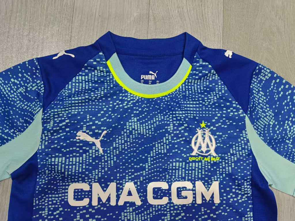 KIDS Puma Olympique de Marseille Away Jersey & Shorts Set Deep Royal Blue / Mint Green / Electric Yellow
