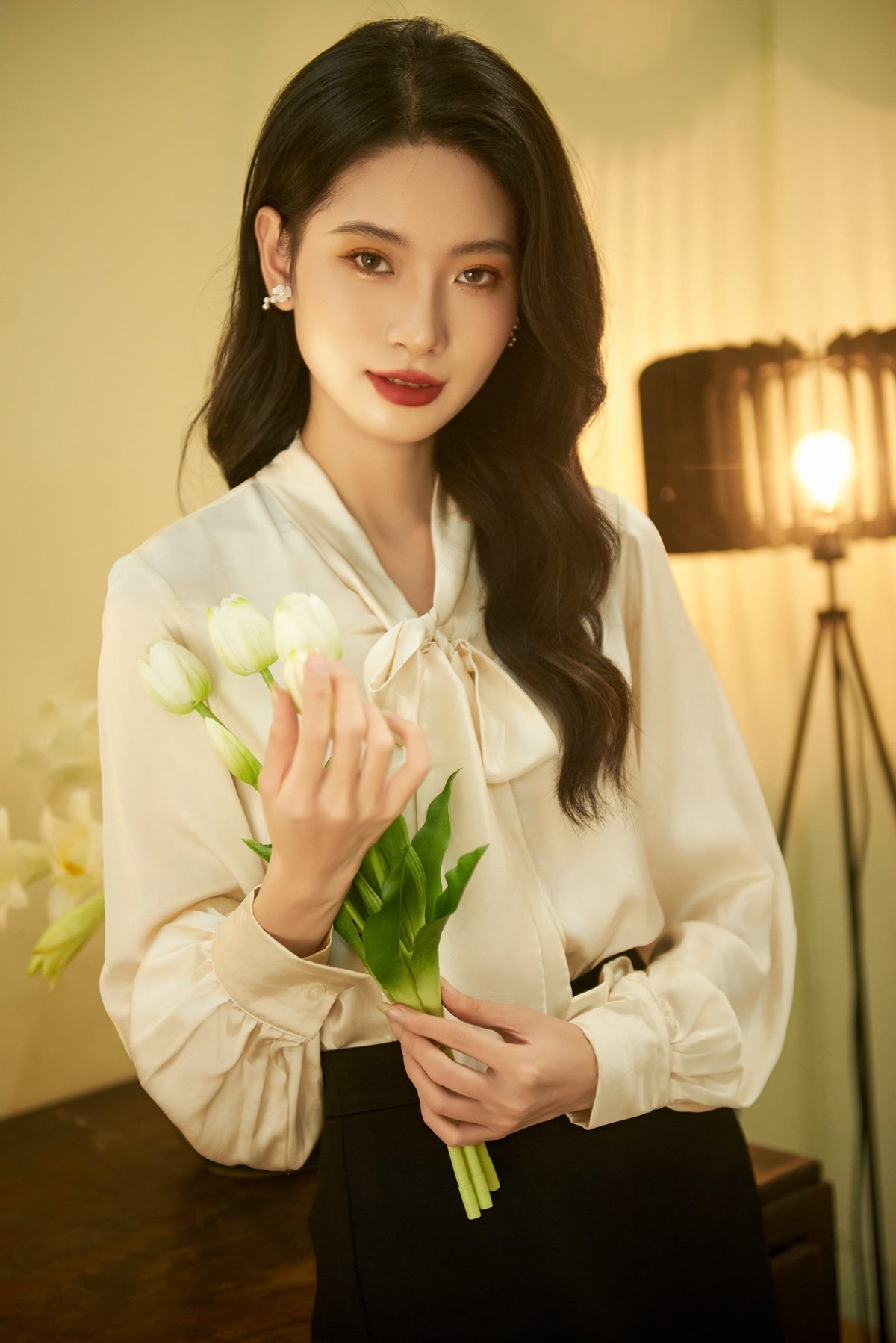 Silk blouse for women - Long Sleeves Silk Shirt - Tie Silk blouse - Puff sleeves top - Office Blouse - Valentine Gift LABL012