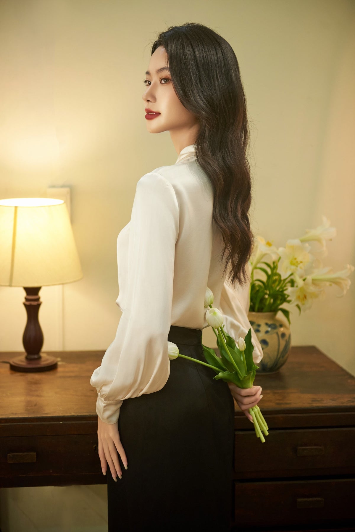 Silk blouse for women - Long Sleeves Silk Shirt - Tie Silk blouse - Puff sleeves top - Office Blouse - Valentine Gift LABL012