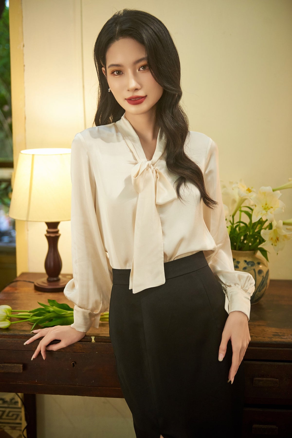 Silk blouse for women - Long Sleeves Silk Shirt - Tie Silk blouse - Puff sleeves top - Office Blouse - Valentine Gift LABL012