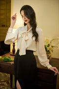 Silk blouse for women - Long Sleeves Silk Shirt - Tie Silk blouse - Puff sleeves top - Office Blouse - Valentine Gift LABL012