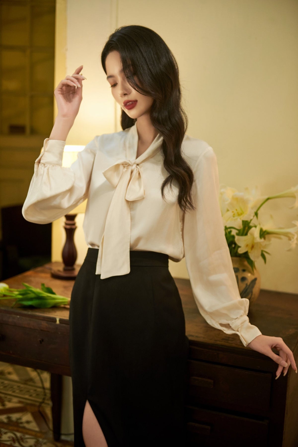 Silk blouse for women - Long Sleeves Silk Shirt - Tie Silk blouse - Puff sleeves top - Office Blouse - Valentine Gift LABL012