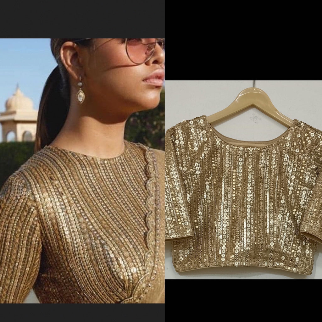 Gold Sequin Blouse Custom Made for Saree Lehenga Indian Designer Crop Top Women Made to Measure Plus Size