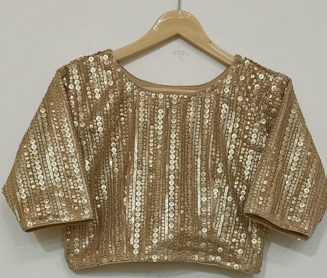 Gold Sequin Blouse Custom Made for Saree Lehenga Indian Designer Crop Top Women Made to Measure Plus Size